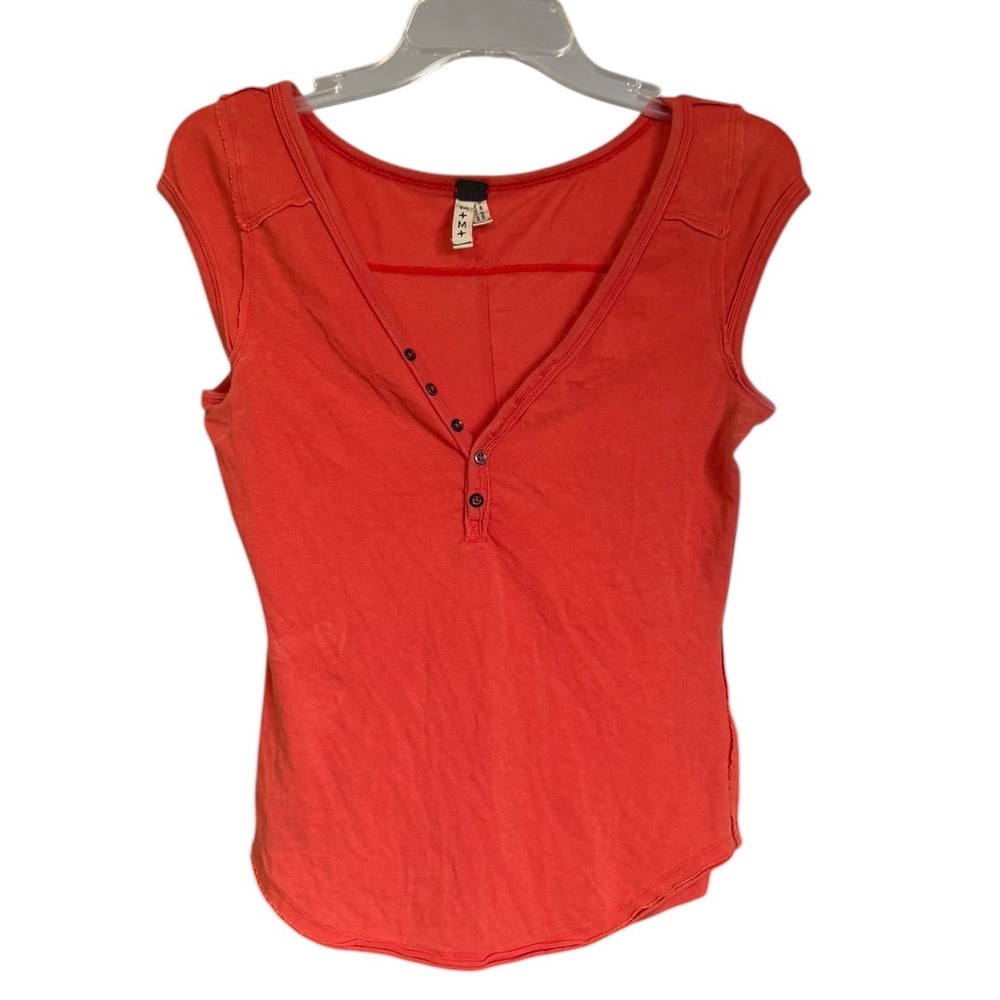 Free People We The Free Orange Cap Sleeve Henley V-Neck Top Sz M Twee y2K
